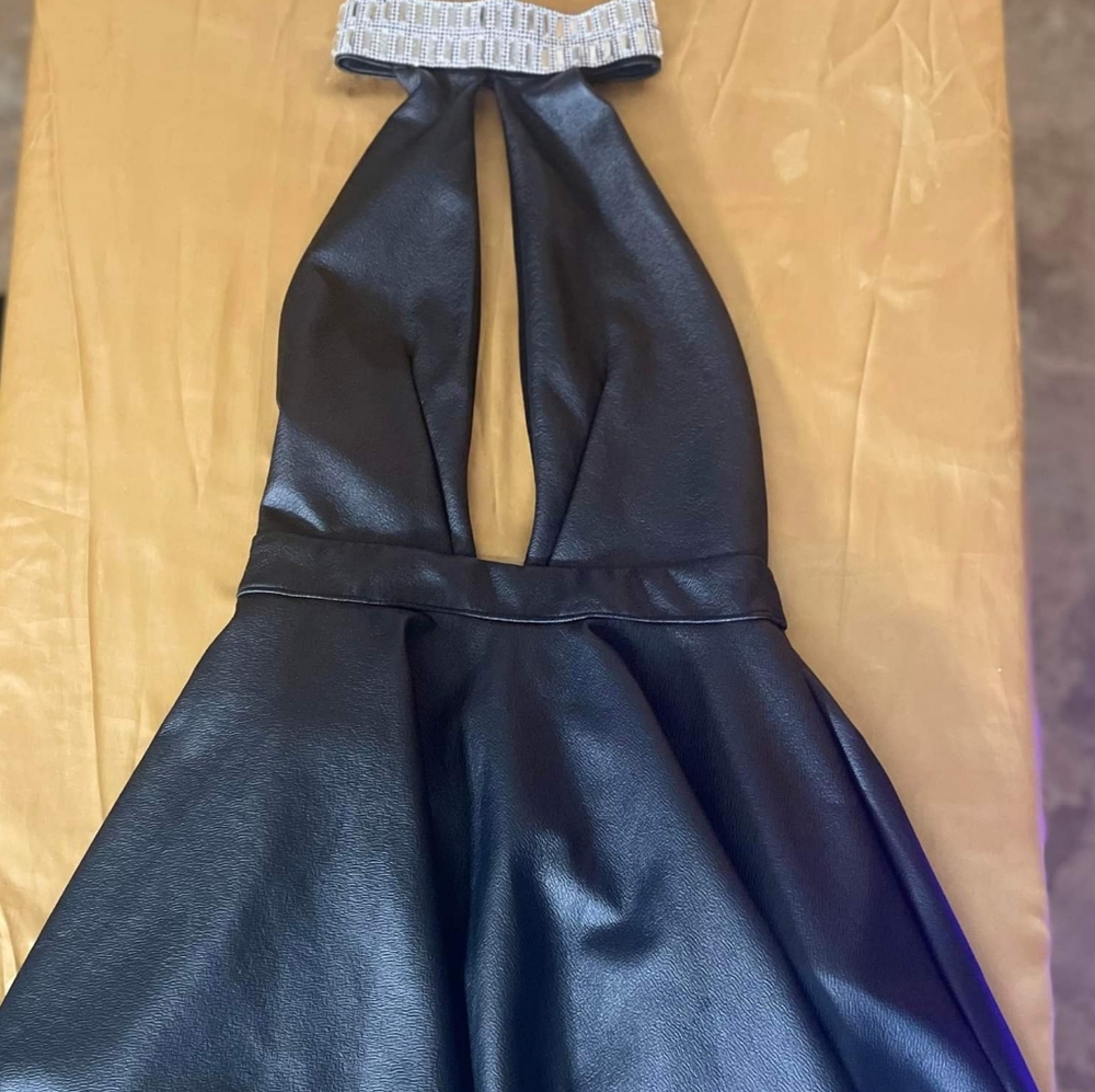 Faux leather diamond neck studded flair back out party dress size s/m